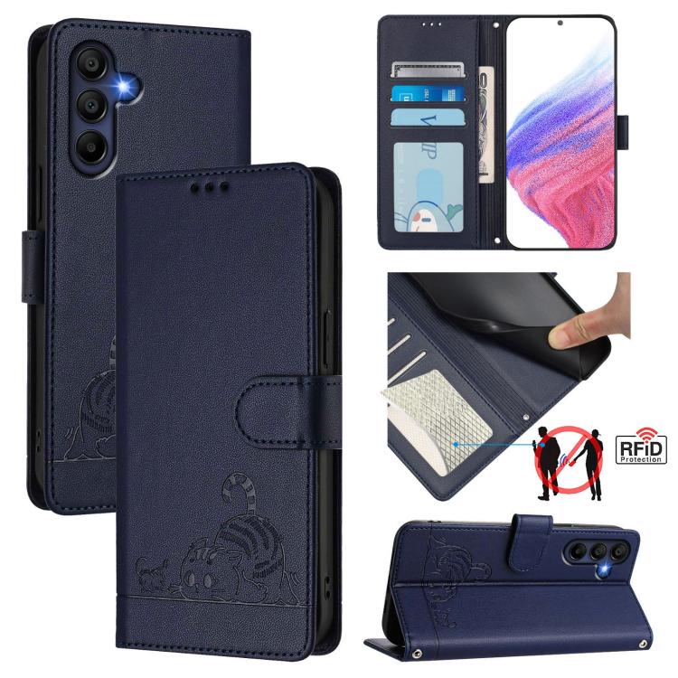 Funda de cuero RFID con estampado de gato y rata para Samsung Galaxy A17 5G, con cordón (azul)