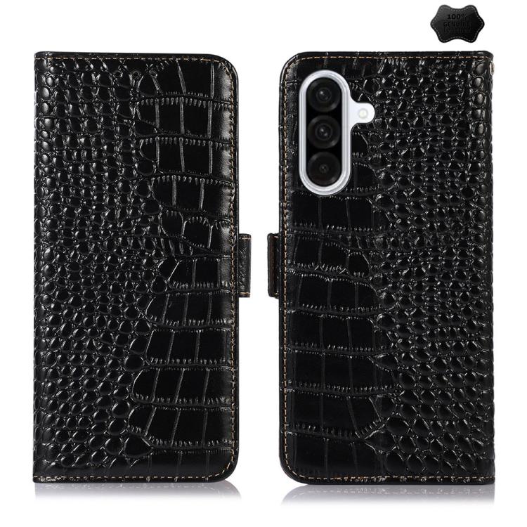 Funda de piel de vacuno con capa superior de cocodrilo para Samsung Galaxy A17 5G (negra)