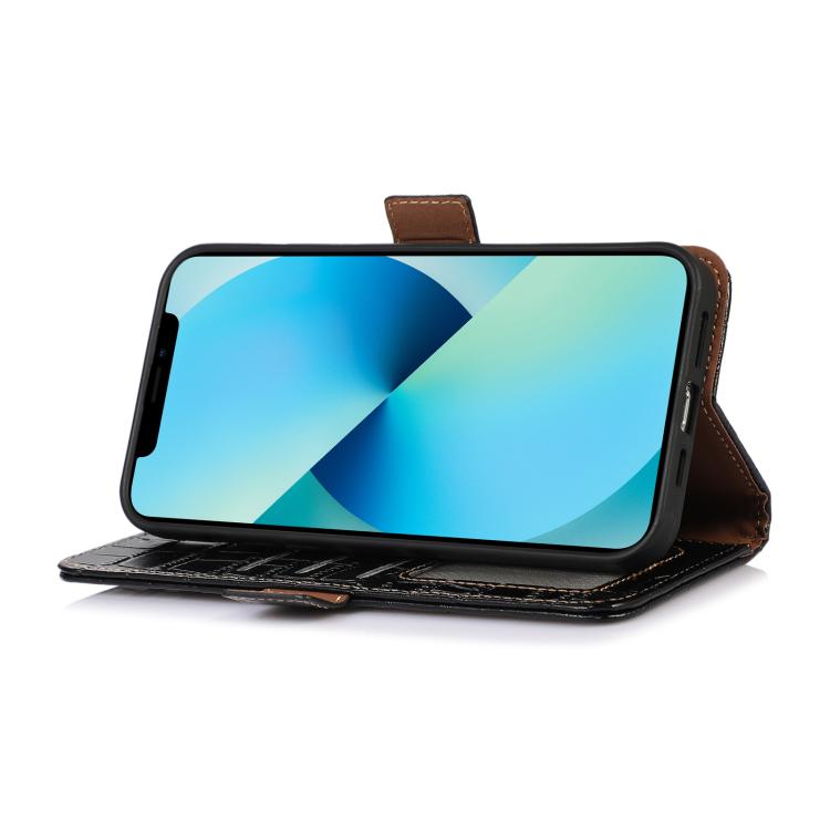 Funda de piel de vacuno con capa superior de cocodrilo para Samsung Galaxy A17 5G (negra)