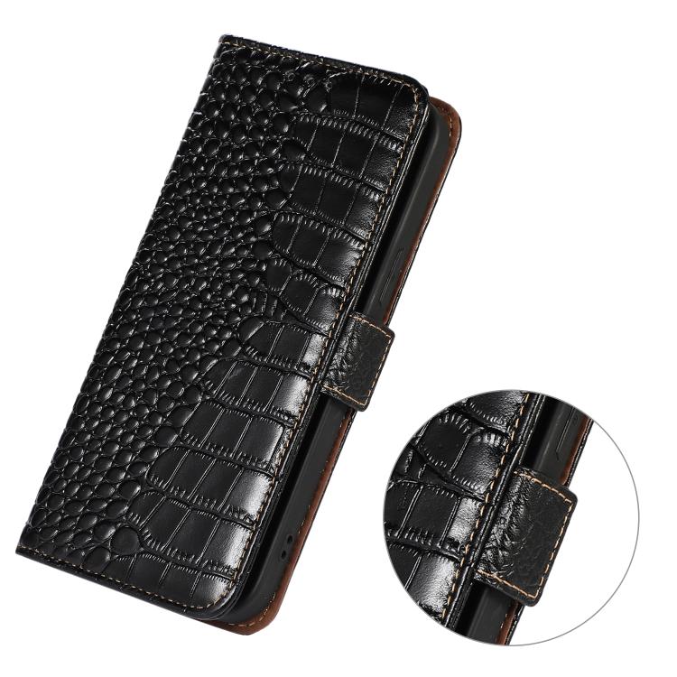Funda de piel de vacuno con capa superior de cocodrilo para Samsung Galaxy A17 5G (negra)