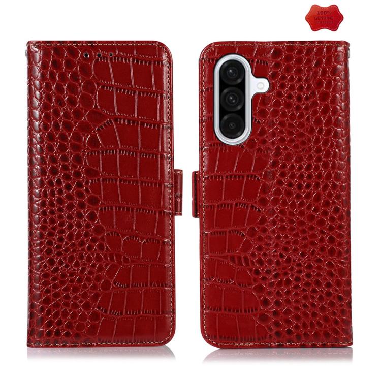 Funda de piel de vacuno con capa superior de cocodrilo para Samsung Galaxy A17 5G (roja)