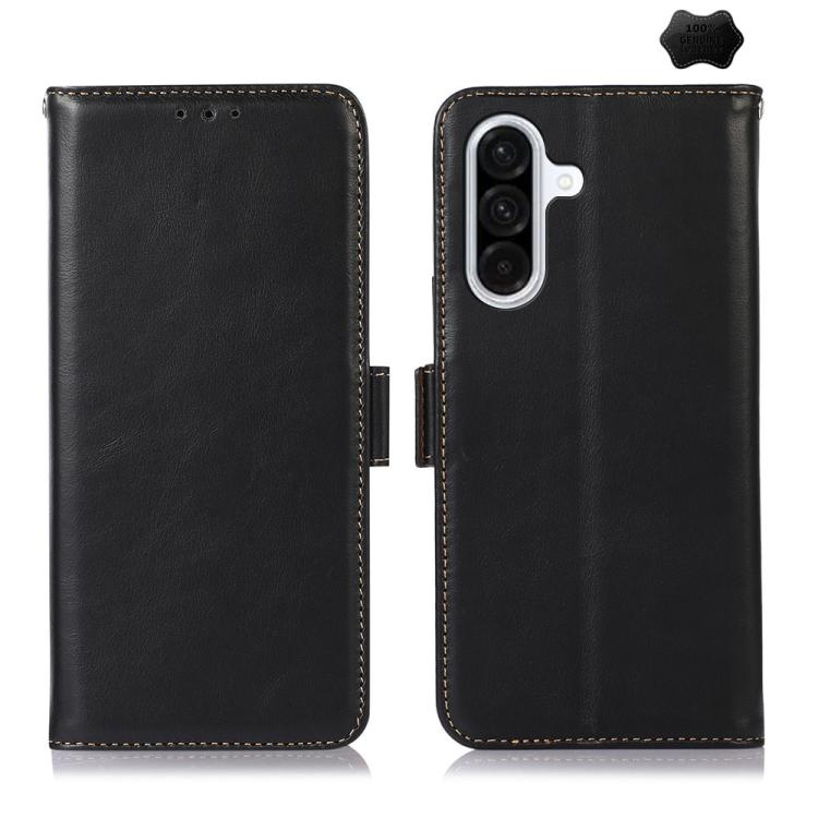 Funda magnética de cuero genuino con textura Crazy Horse RFID para Samsung Galaxy A17 5G (negra)