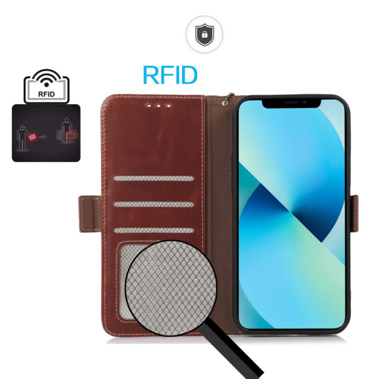 Funda magnética de cuero genuino con textura Crazy Horse y RFID para Samsung Galaxy A17 5G (marrón)