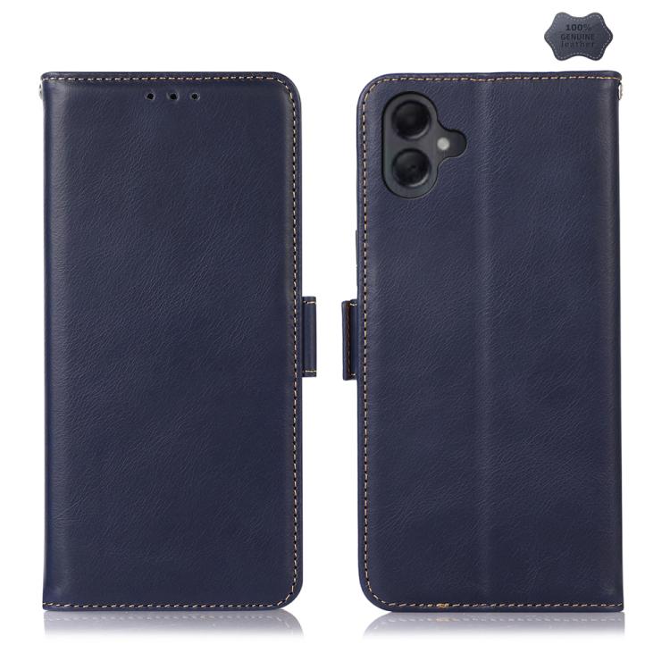 Funda magnética de cuero genuino con textura Crazy Horse RFID para Samsung Galaxy A07 5G (azul)