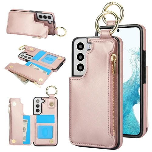 Estuche para Teléfono Samsung Galaxy S22+ 5G Rfld con Cremallera y Anillo de Doble Hebilla Antirrobo (Oro Rosa)