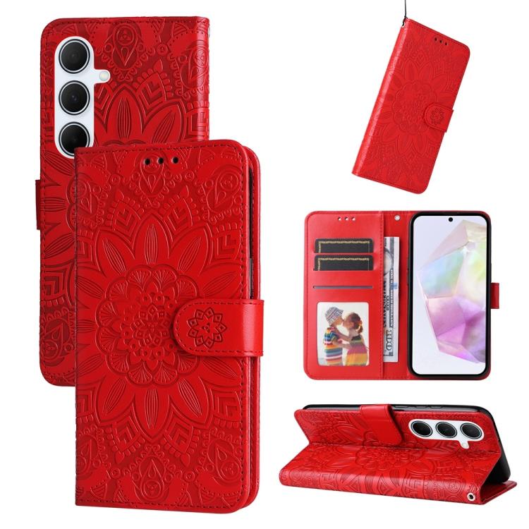 Funda de piel con estampado de girasoles en relieve para Samsung Galaxy A56 5G (roja)