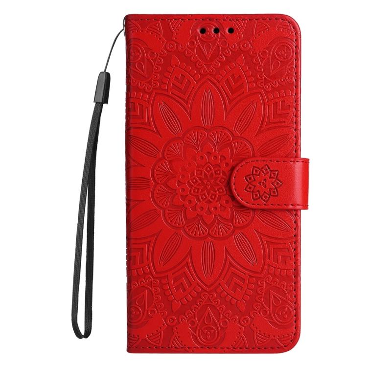 Funda de piel con estampado de girasoles en relieve para Samsung Galaxy A56 5G (roja)