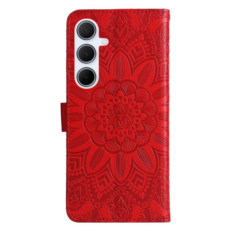 Funda de piel con estampado de girasoles en relieve para Samsung Galaxy A56 5G (roja)