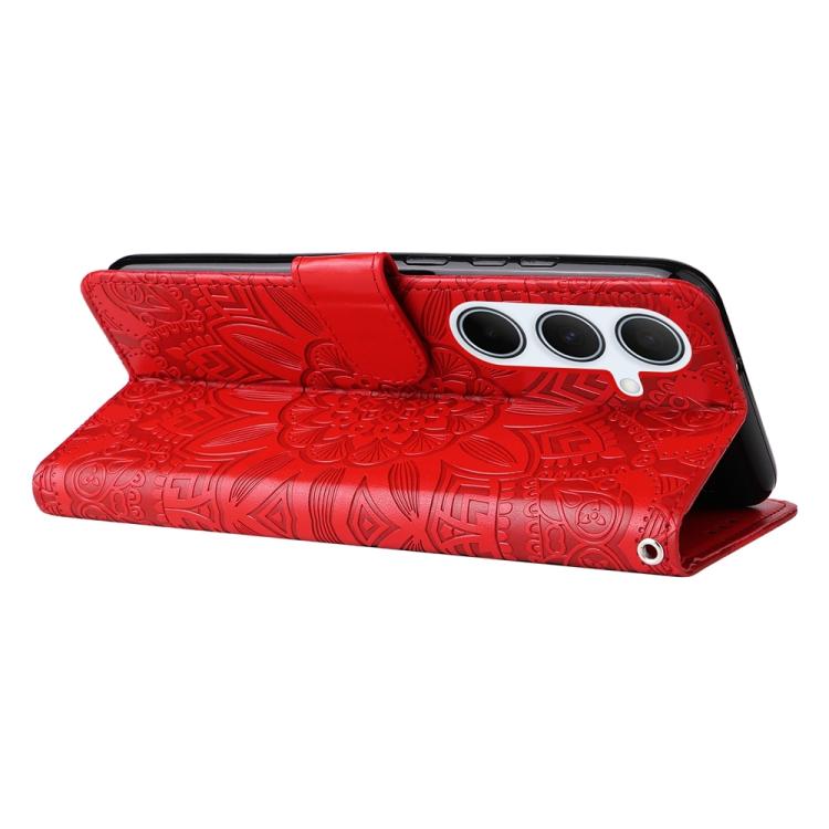 Funda de piel con estampado de girasoles en relieve para Samsung Galaxy A56 5G (roja)