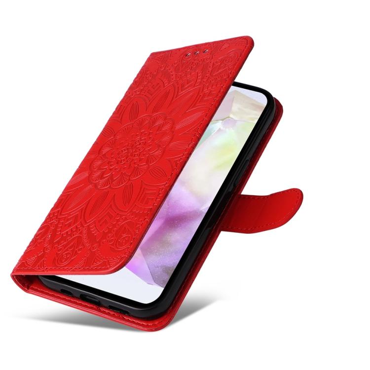 Funda de piel con estampado de girasoles en relieve para Samsung Galaxy A56 5G (roja)