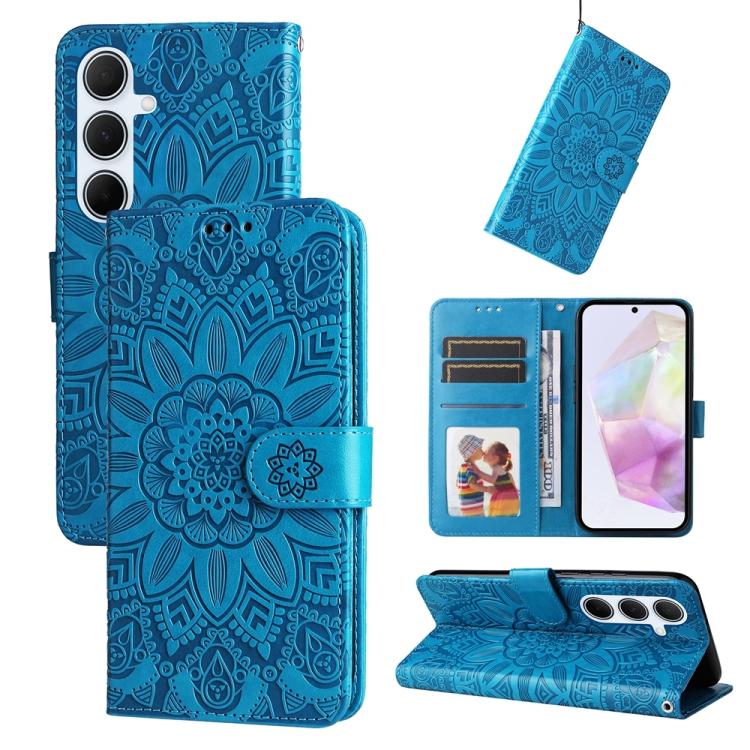 Funda de piel con estampado de girasoles en relieve para Samsung Galaxy A56 5G (azul)