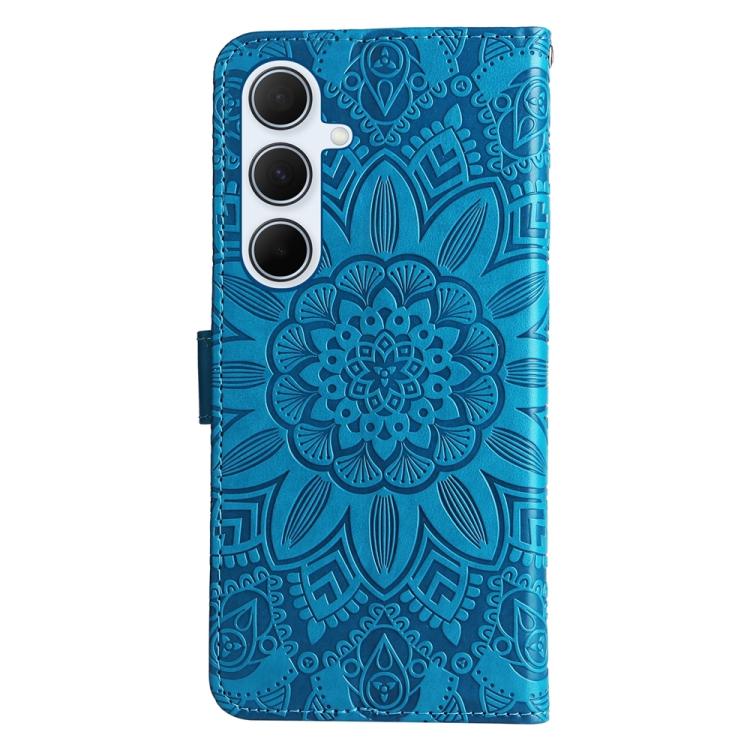 Funda de piel con estampado de girasoles en relieve para Samsung Galaxy A56 5G (azul)