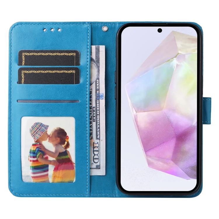 Funda de piel con estampado de girasoles en relieve para Samsung Galaxy A56 5G (azul)
