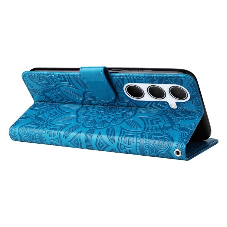 Funda de piel con estampado de girasoles en relieve para Samsung Galaxy A56 5G (azul)