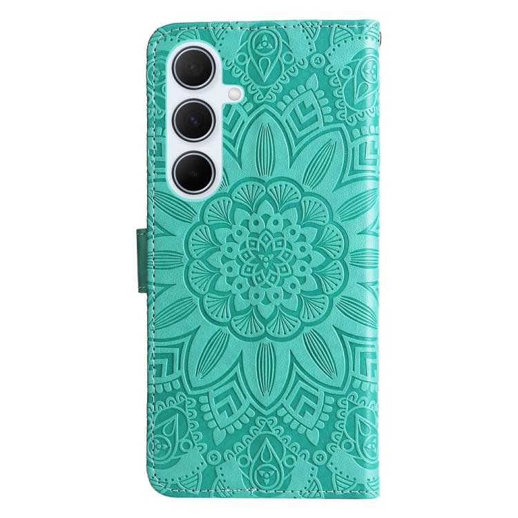 Funda de piel con estampado de girasoles en relieve para Samsung Galaxy A56 5G (verde)