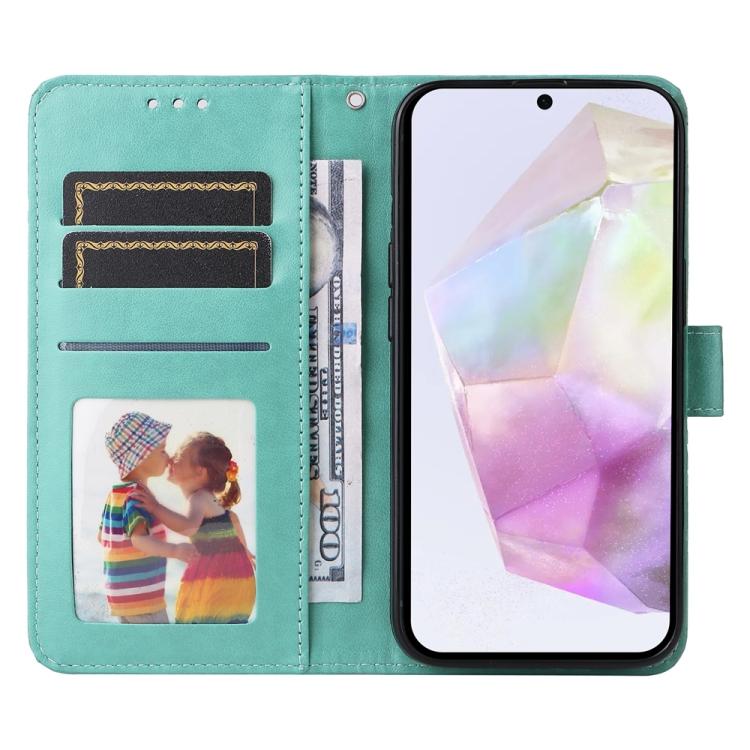 Funda de piel con estampado de girasoles en relieve para Samsung Galaxy A56 5G (verde)