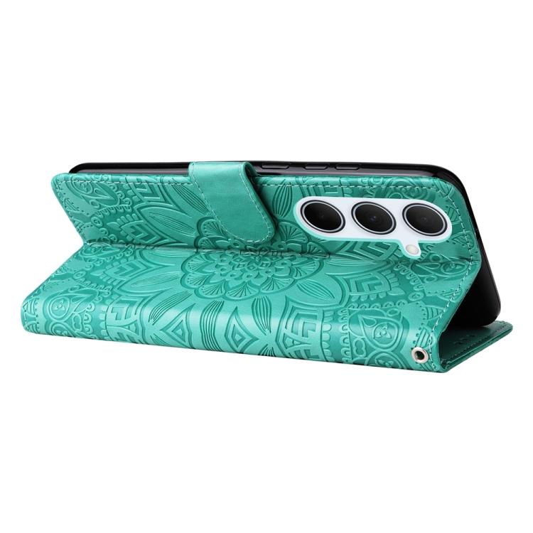 Funda de piel con estampado de girasoles en relieve para Samsung Galaxy A56 5G (verde)