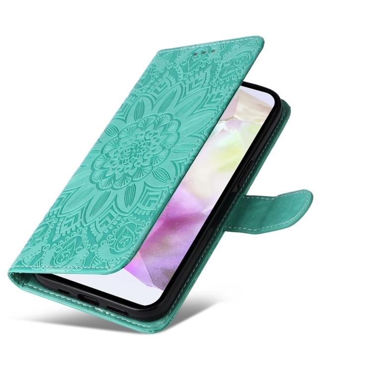 Funda de piel con estampado de girasoles en relieve para Samsung Galaxy A56 5G (verde)