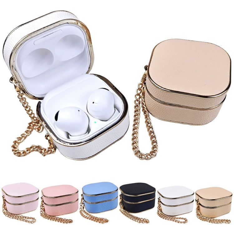 Estuche Protector Cuero Textura Lichi para Auriculares Samsung Galaxy Buds2/2 Pro con Pulsera Metal (Blanco)