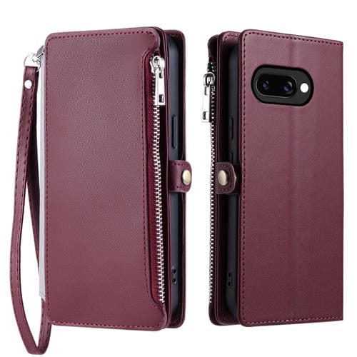 Funda de Cuero con Cremallera y Ranura para Múltiples Tarjetas para Google Pixel 9A (Rojo Vino)