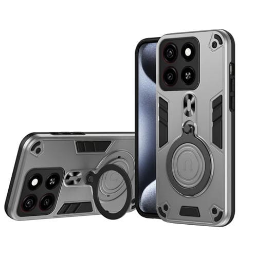 Funda Híbrida TPU PC con Soporte Giratorio 360° y Anillo Metal para ZTE Blade A35 (Gris Plateado)