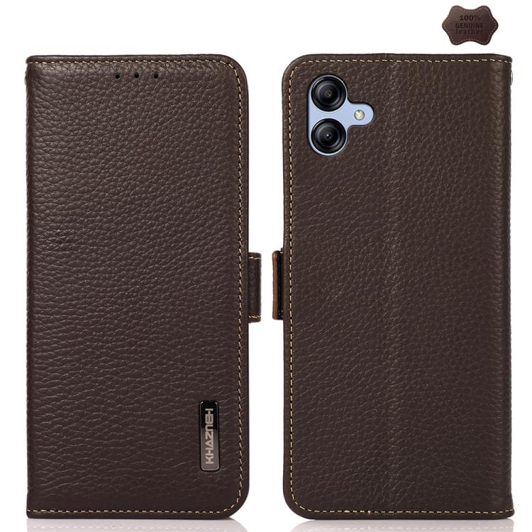 Funda de cuero genuino KHAZNEH con imán lateral y RFID para Samsung Galaxy A07 5G (marrón)