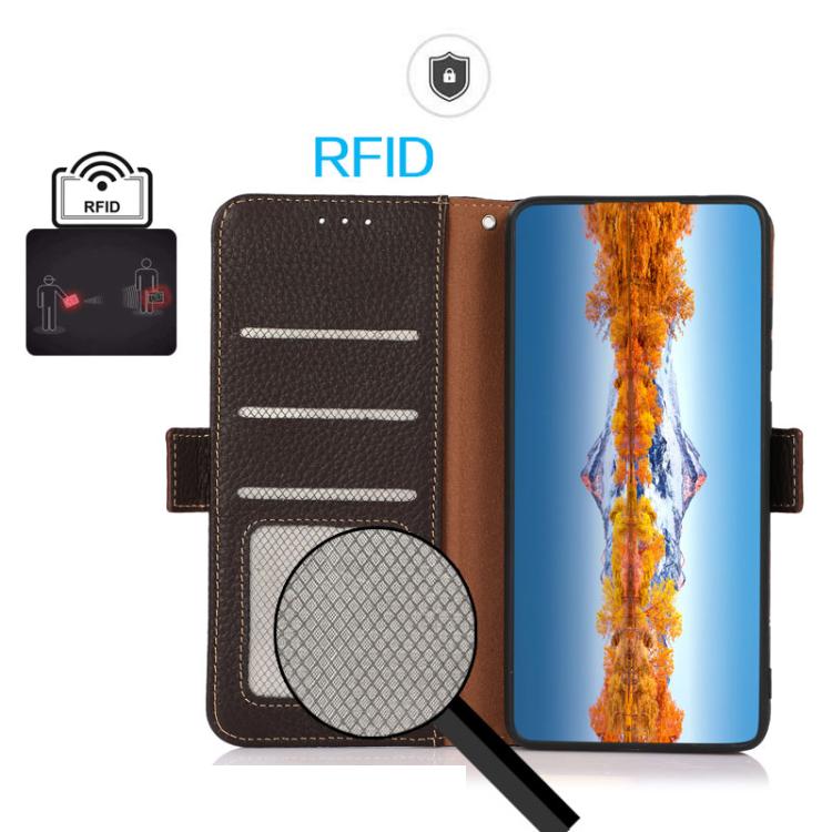 Funda de cuero genuino KHAZNEH con imán lateral y RFID para Samsung Galaxy A17 5G (marrón)