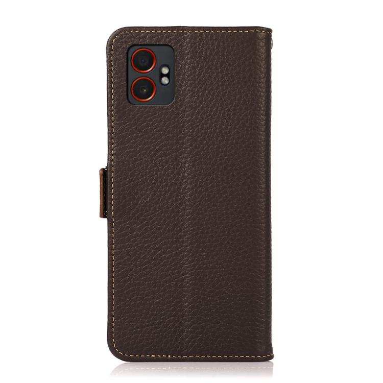 Funda de cuero genuino KHAZNEH con imán lateral y RFID para Samsung Galaxy XCover7 Pro (marrón)