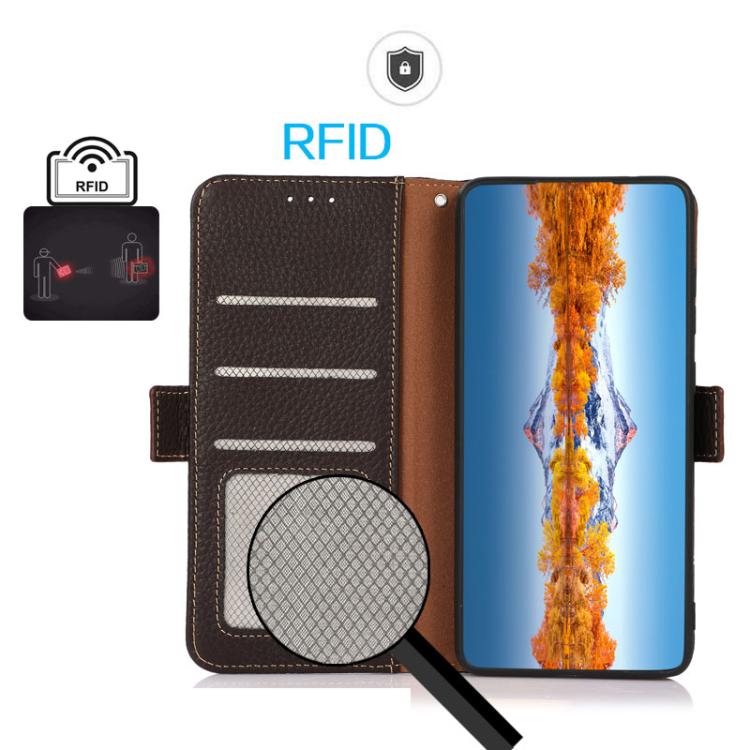 Funda de cuero genuino KHAZNEH con imán lateral y RFID para Samsung Galaxy XCover7 Pro (marrón)