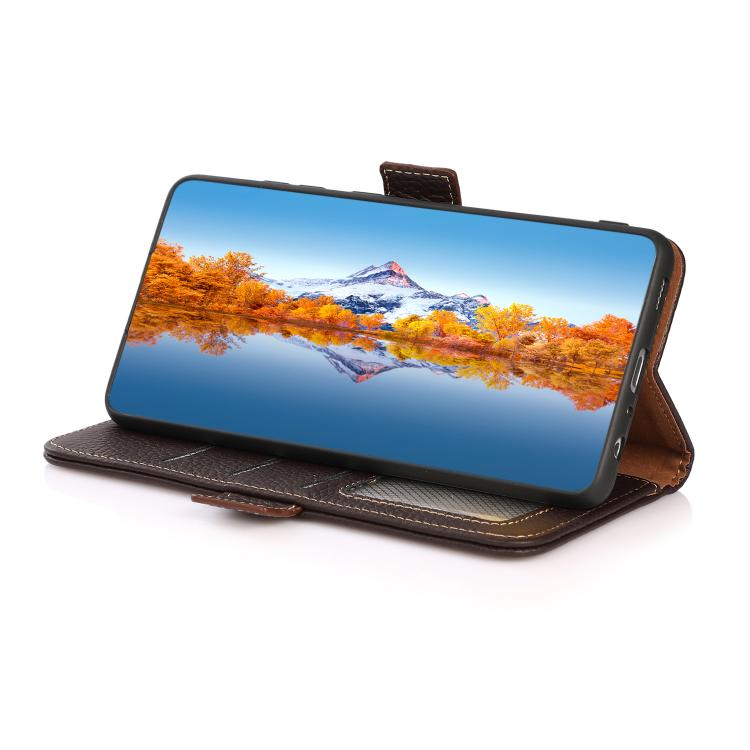 Funda de cuero genuino KHAZNEH con imán lateral y RFID para Samsung Galaxy XCover7 Pro (marrón)