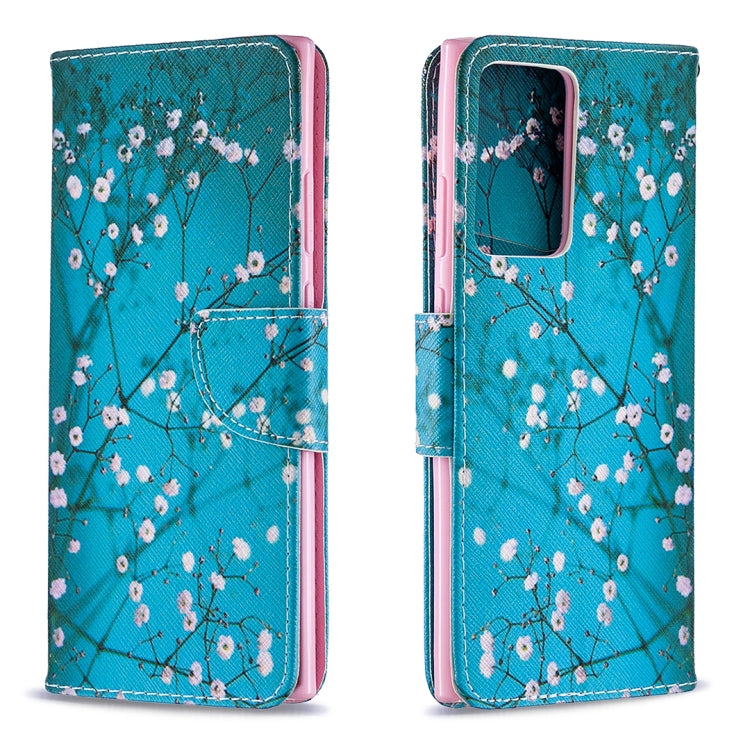 Estuche de Cuero Abatible Horizontal Samsung Galaxy Note 20 con Soporte, Ranuras para Tarjetas y Billetera (Plum Blossom)