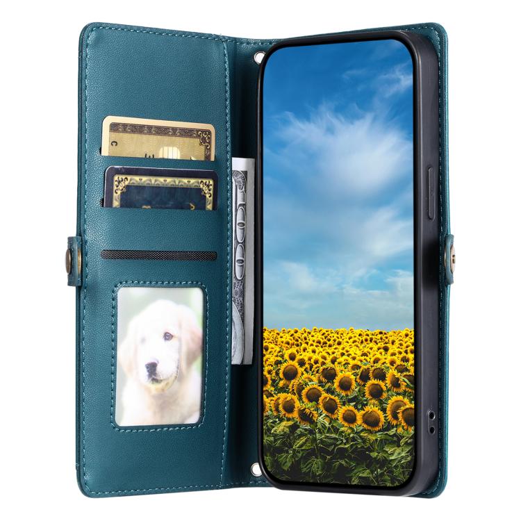 Funda de Cuero para iPhone 16E Ranura Múltiples Tarjetas y Cordón (Verde)