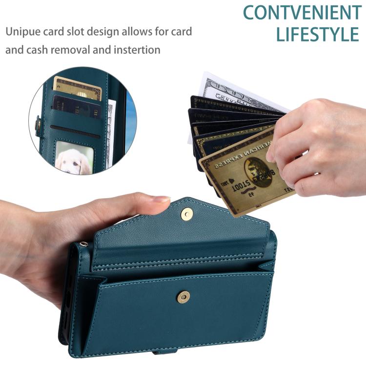 Funda de Cuero para iPhone 16E Ranura Múltiples Tarjetas y Cordón (Verde)