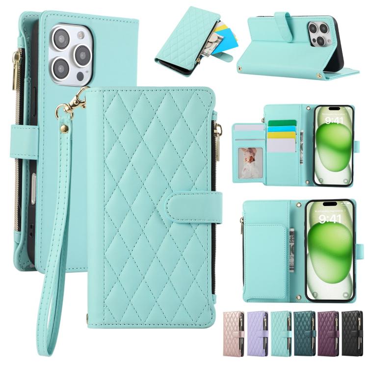 Funda tipo billetera Rombal para iPhone 16 Pro Max con cremallera (Cian)