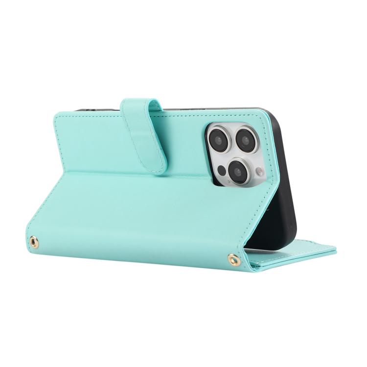 Funda tipo billetera Rombal para iPhone 16 Pro Max con cremallera (Cian)