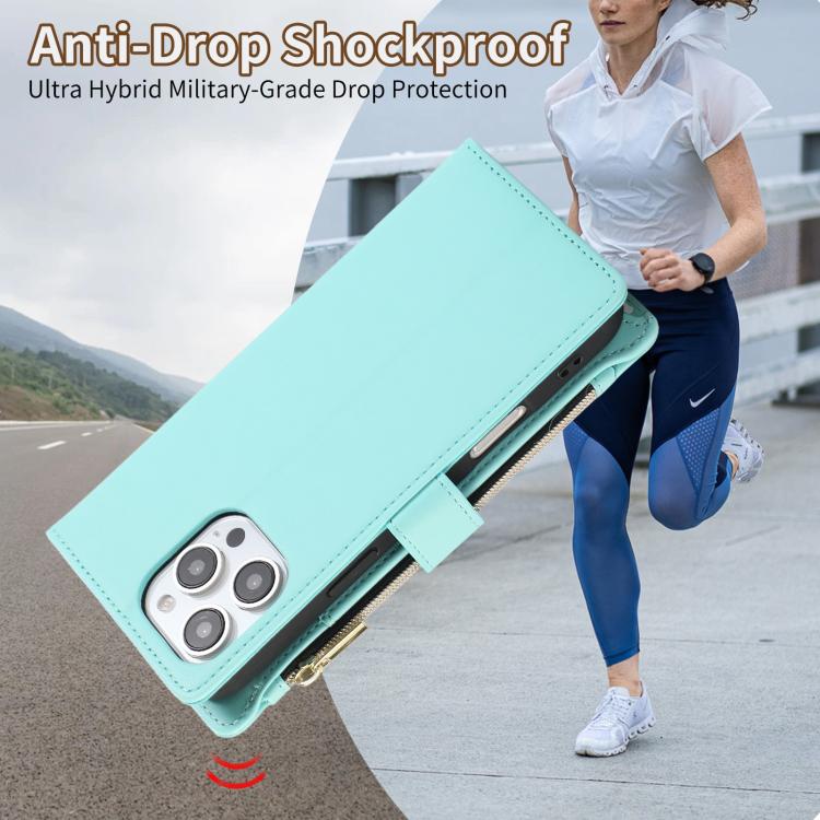 Funda tipo billetera Rombal para iPhone 16 Pro Max con cremallera (Cian)
