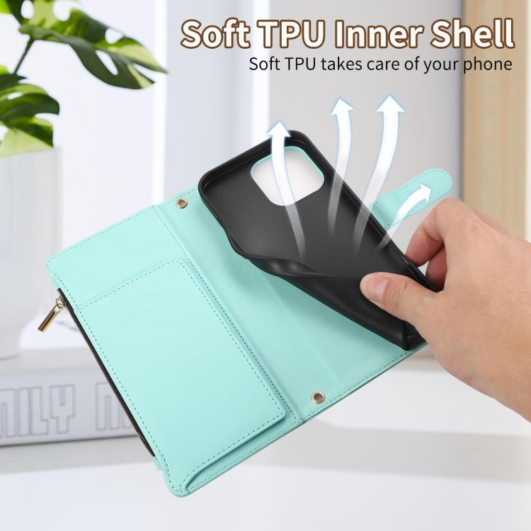 Funda tipo billetera Rombal para iPhone 16 Pro Max con cremallera (Cian)