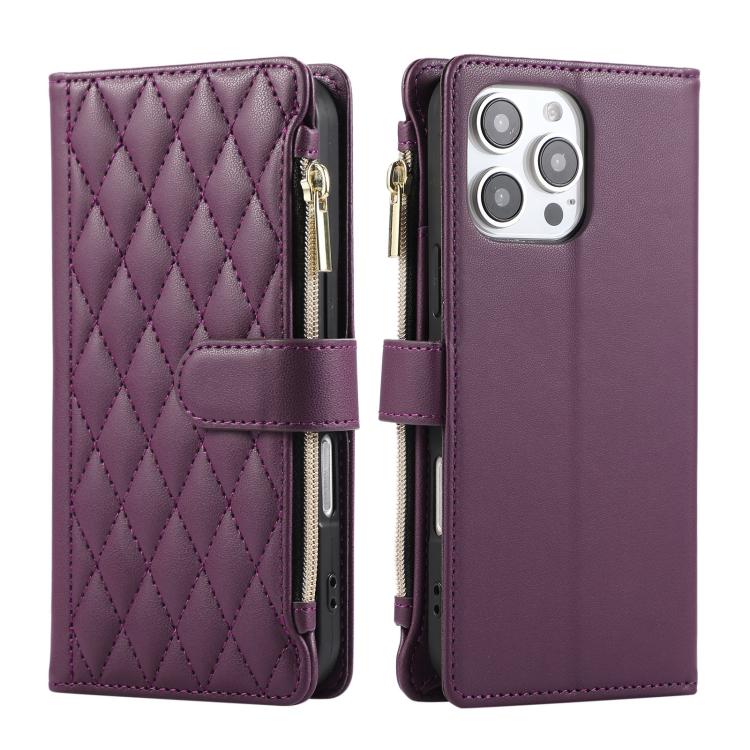 Funda Tipo Billetera Cuero Rombal para iPhone 16 Pro Max (Morado Oscuro)