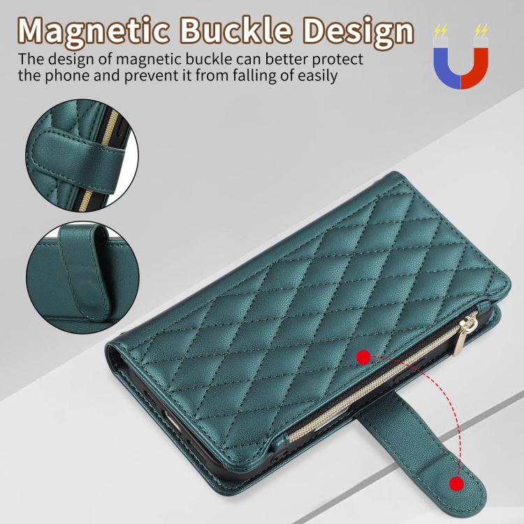 Funda de Cuero Tipo Billetera Rombal con Cremallera para iPhone 16 Pro Max (Verde)