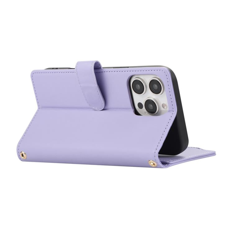 Funda de Cuero Tipo Billetera con Cremallera y Diseño Rombal para iPhone 16 Pro (Morado)