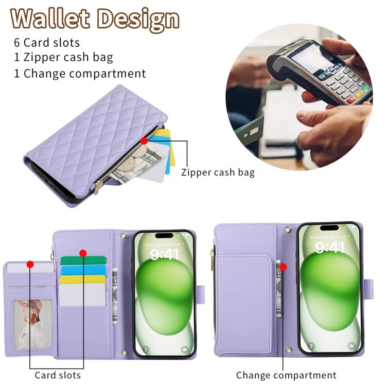 Funda de Cuero Tipo Billetera con Cremallera y Diseño Rombal para iPhone 16 Pro (Morado)
