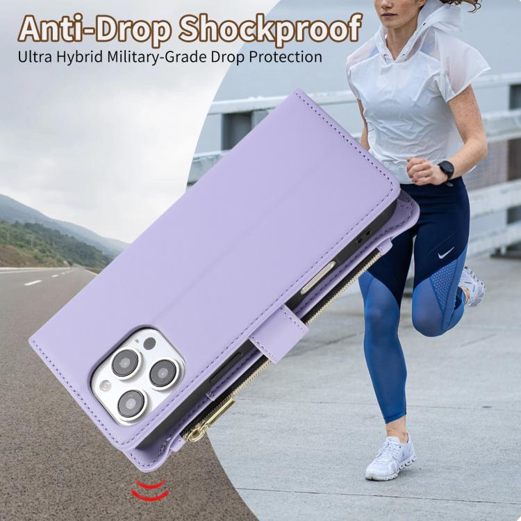 Funda de Cuero Tipo Billetera con Cremallera y Diseño Rombal para iPhone 16 Pro (Morado)