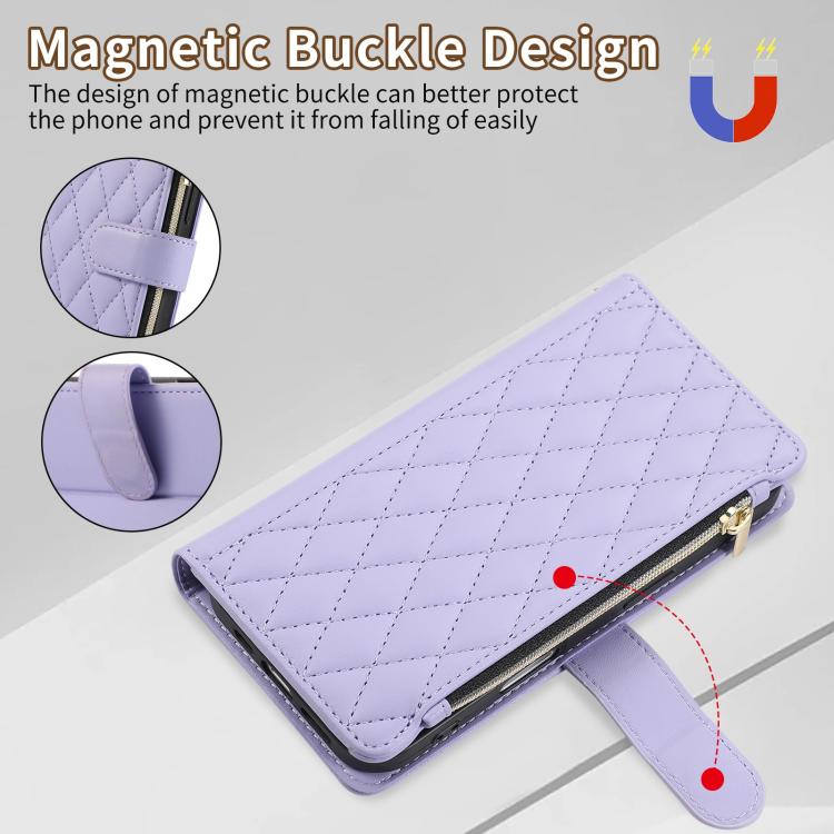 Funda de Cuero Tipo Billetera con Cremallera y Diseño Rombal para iPhone 16 Pro (Morado)