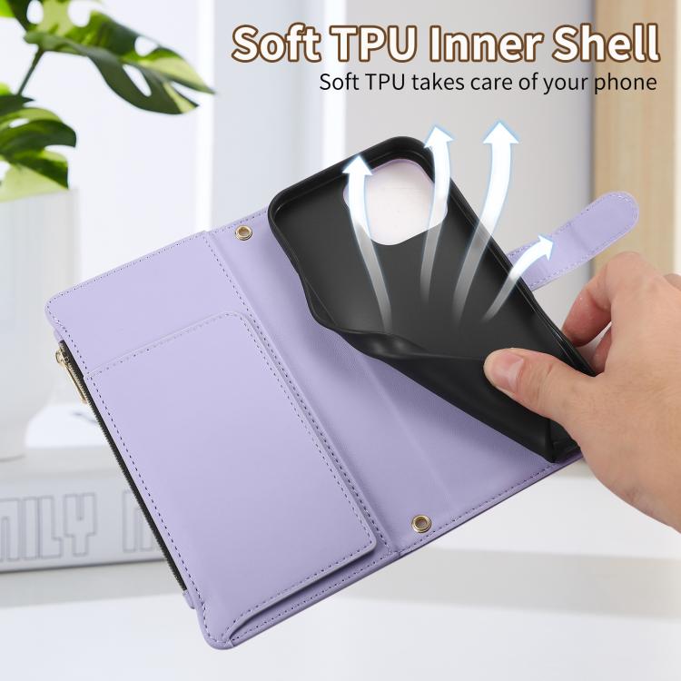 Funda de Cuero Tipo Billetera con Cremallera y Diseño Rombal para iPhone 16 Pro (Morado)
