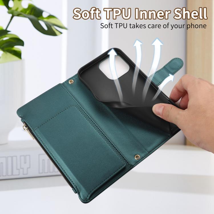 Funda de Cuero Tipo Billetera Rombal para iPhone 16 Pro (Verde)