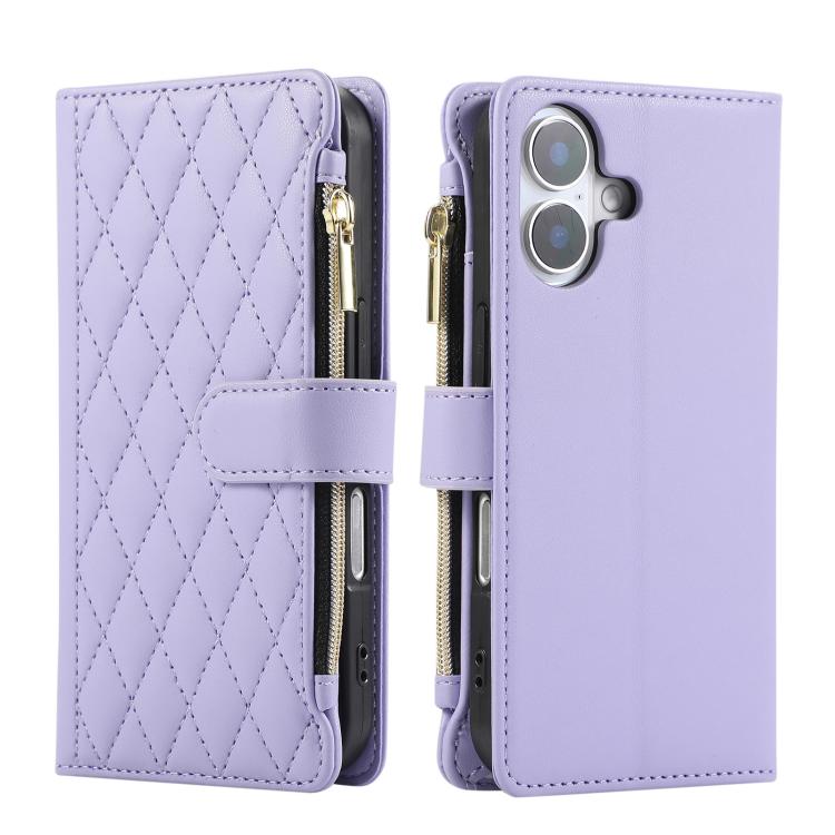 Funda Tipo Billetera Cuero con Cremallera y Diseño Rombal para iPhone 16 (Morado)