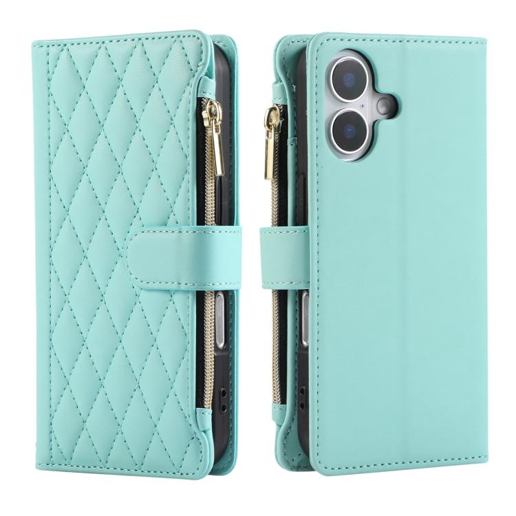 Funda de Cuero Tipo Billetera con Cremallera para iPhone 16 (Cian)