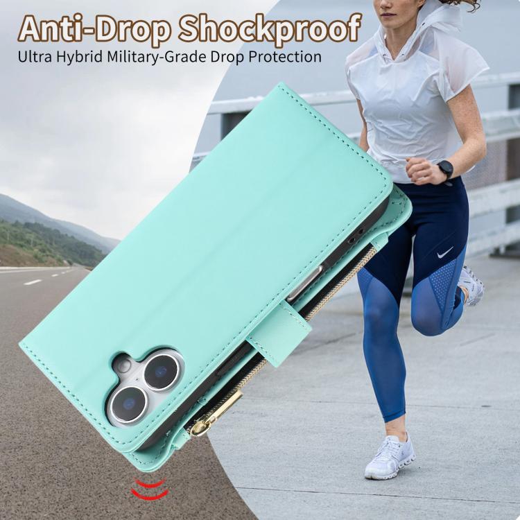 Funda de Cuero Tipo Billetera con Cremallera para iPhone 16 (Cian)