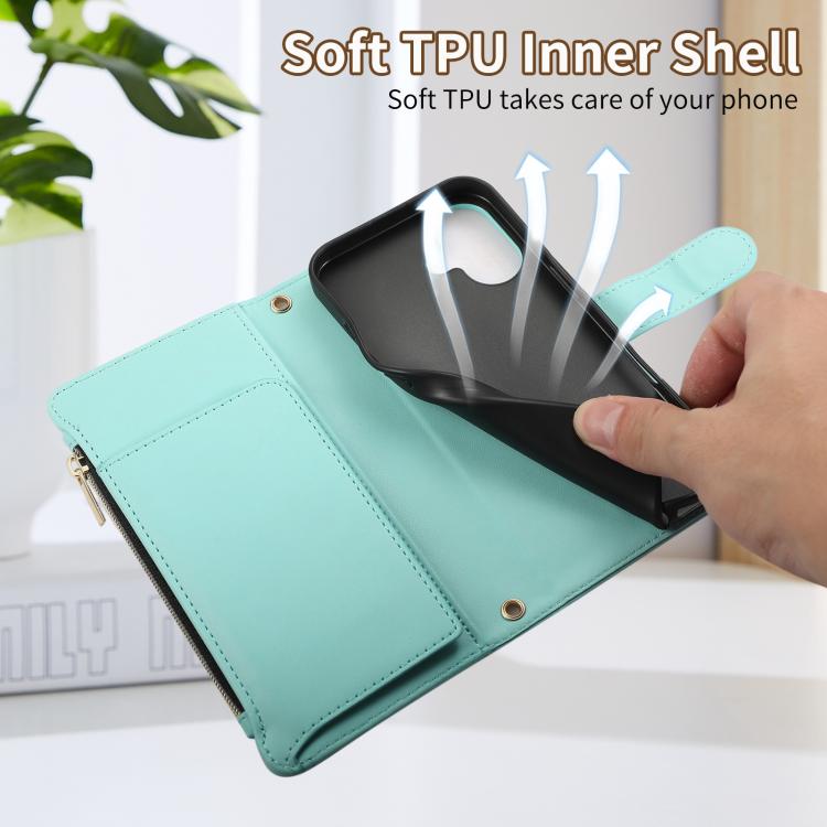 Funda de Cuero Tipo Billetera con Cremallera para iPhone 16 (Cian)