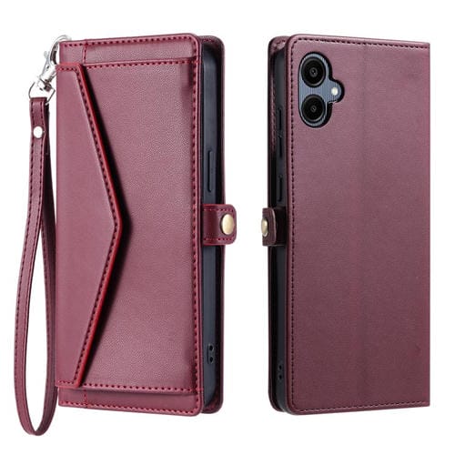 Funda de cuero con ranura para múltiples tarjetas y cordón para Samsung Galaxy A07 4G (rojo vino)
